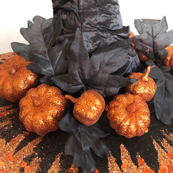 1 of Pumpkin patch witch hat Orange sparkles top & under brim black leaves 18"h - Picture 11 of 16